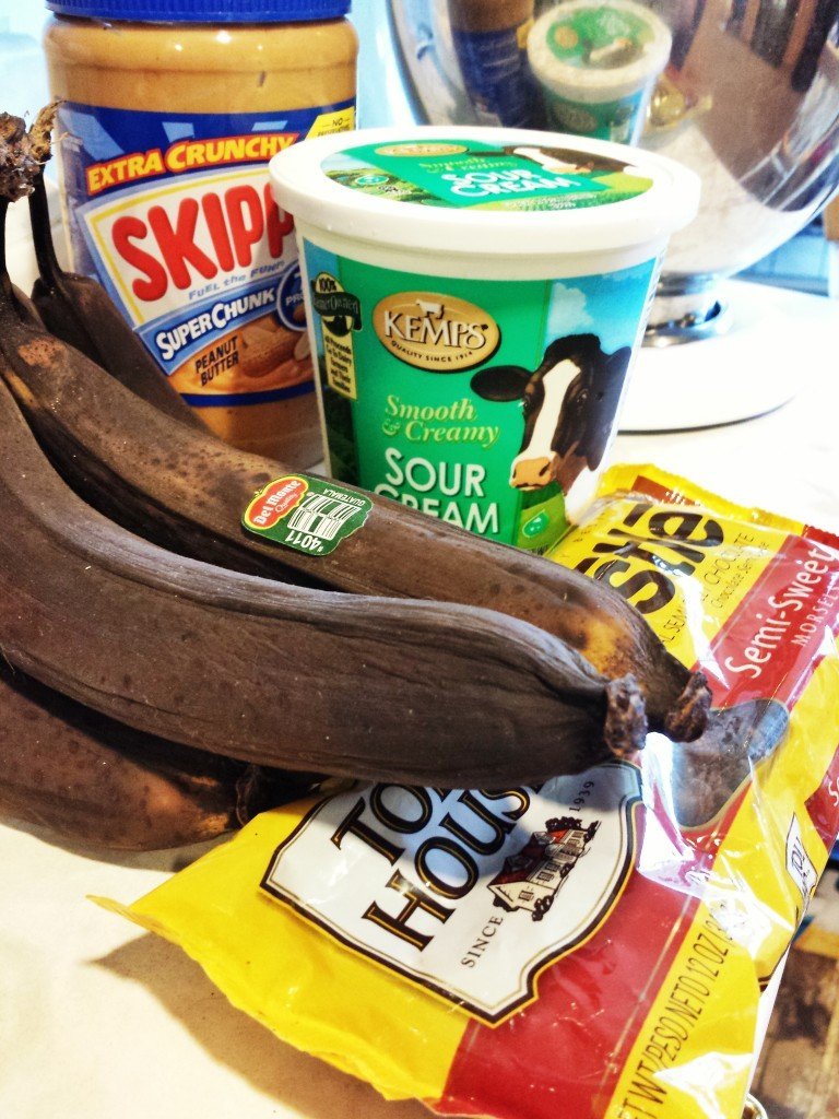 Ingredients for Banana Bread recipe with chocolate chips and peanut butter